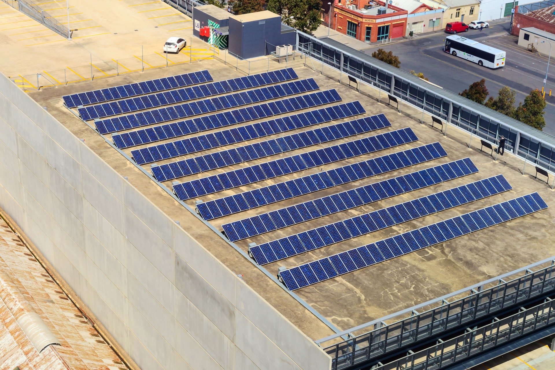 Solar panels on building rooftop